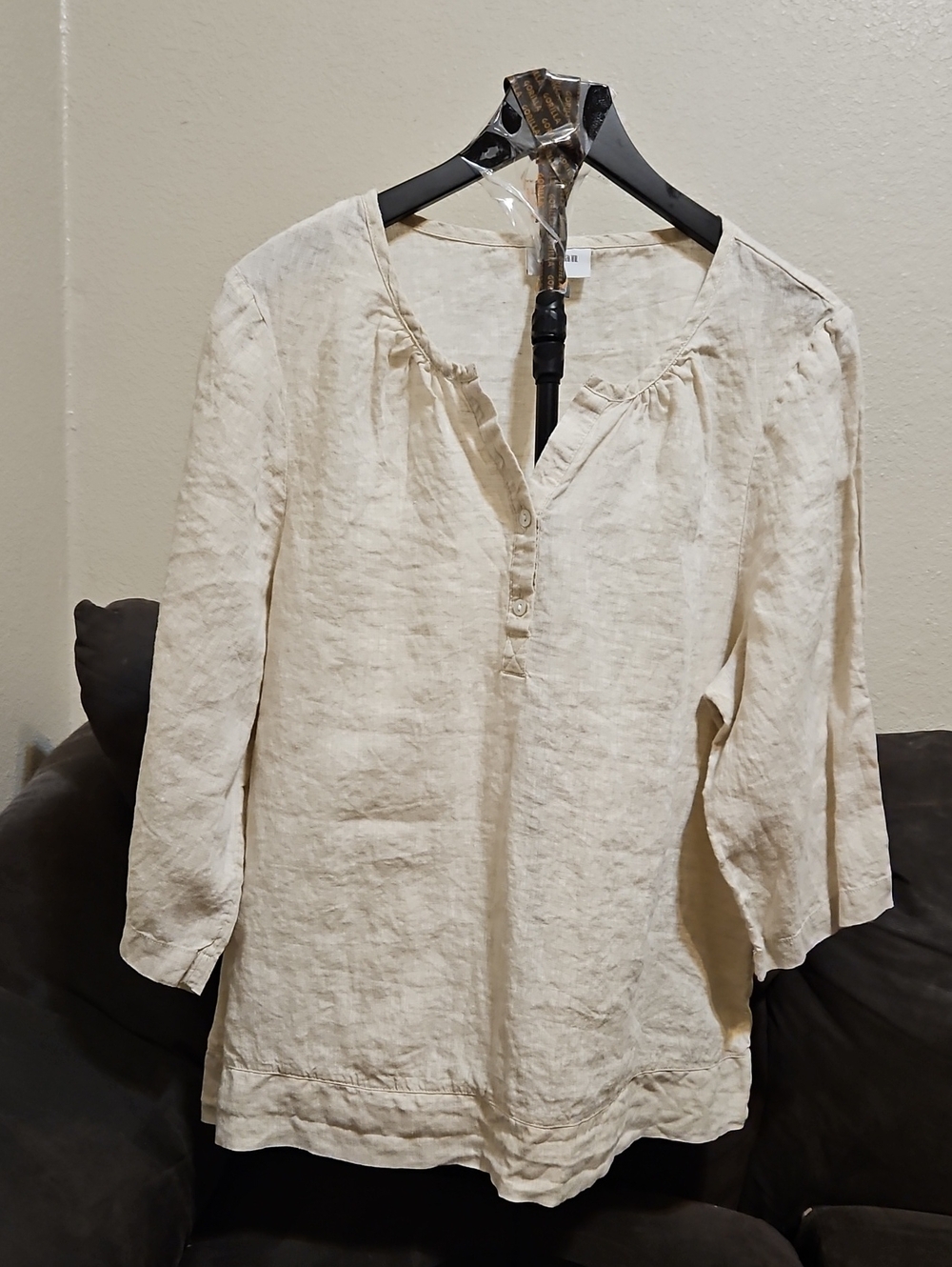 Sussan Cream 100% Linen Henley Peasant Blouse